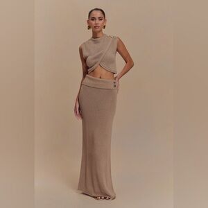 Meshki Overlay Knit Top and Knit Maxi Skirt - Latte